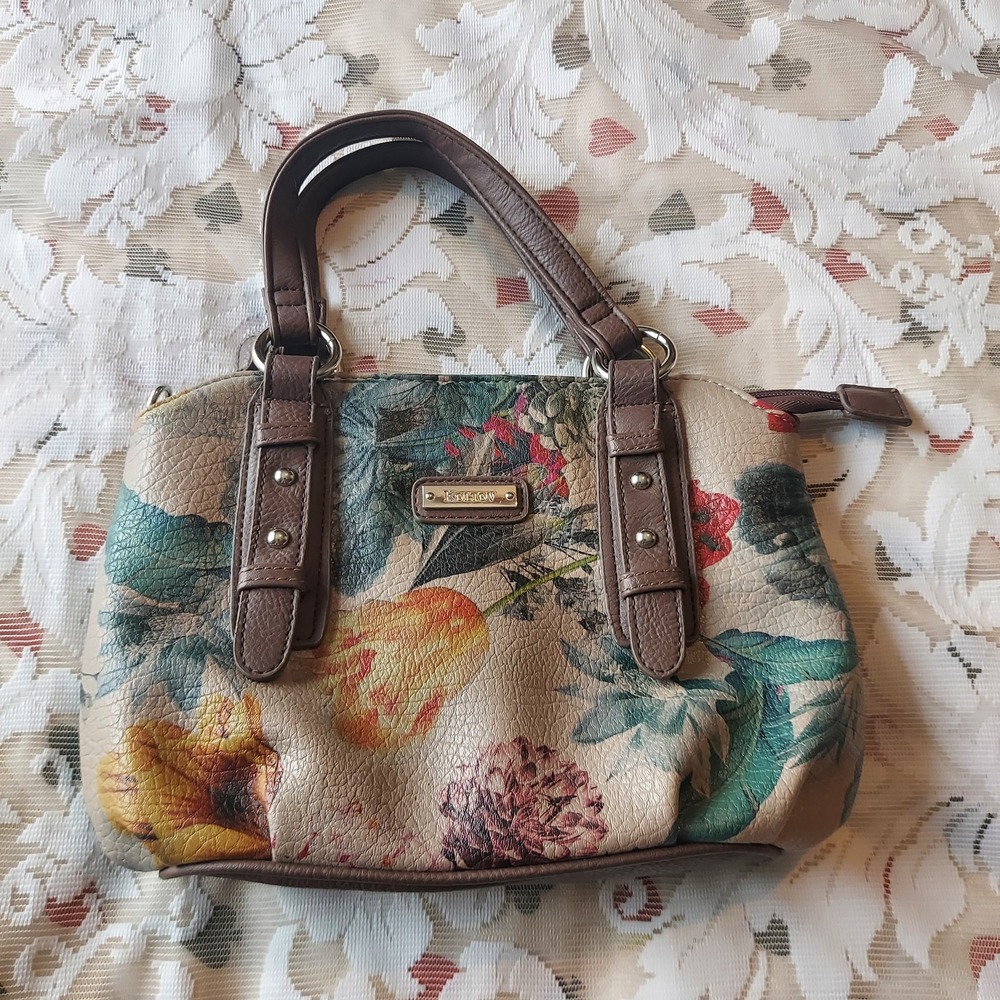 Koltov Floral Satchel Handbag Tan Brown Faux Leather Multi Pocket Bag Womens